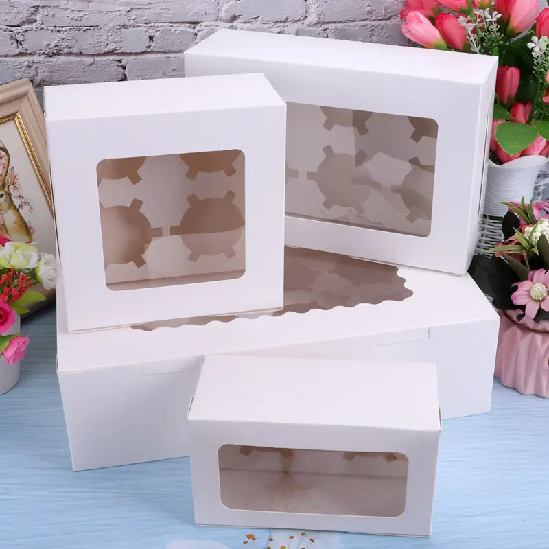 Customizable Wholesale Cupcake Boxes - White & Brown Paper Packaging with Clear Window and Insert