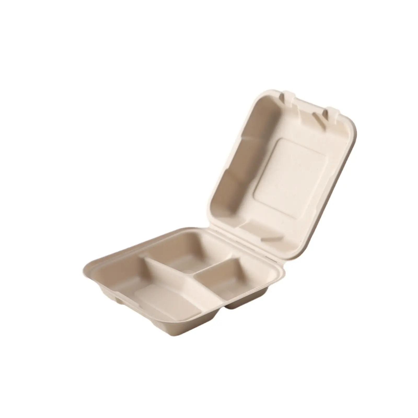 Biodegradable 8/9 Inch Bagasse Pulp Clamshell Food Container with 3 Compartments